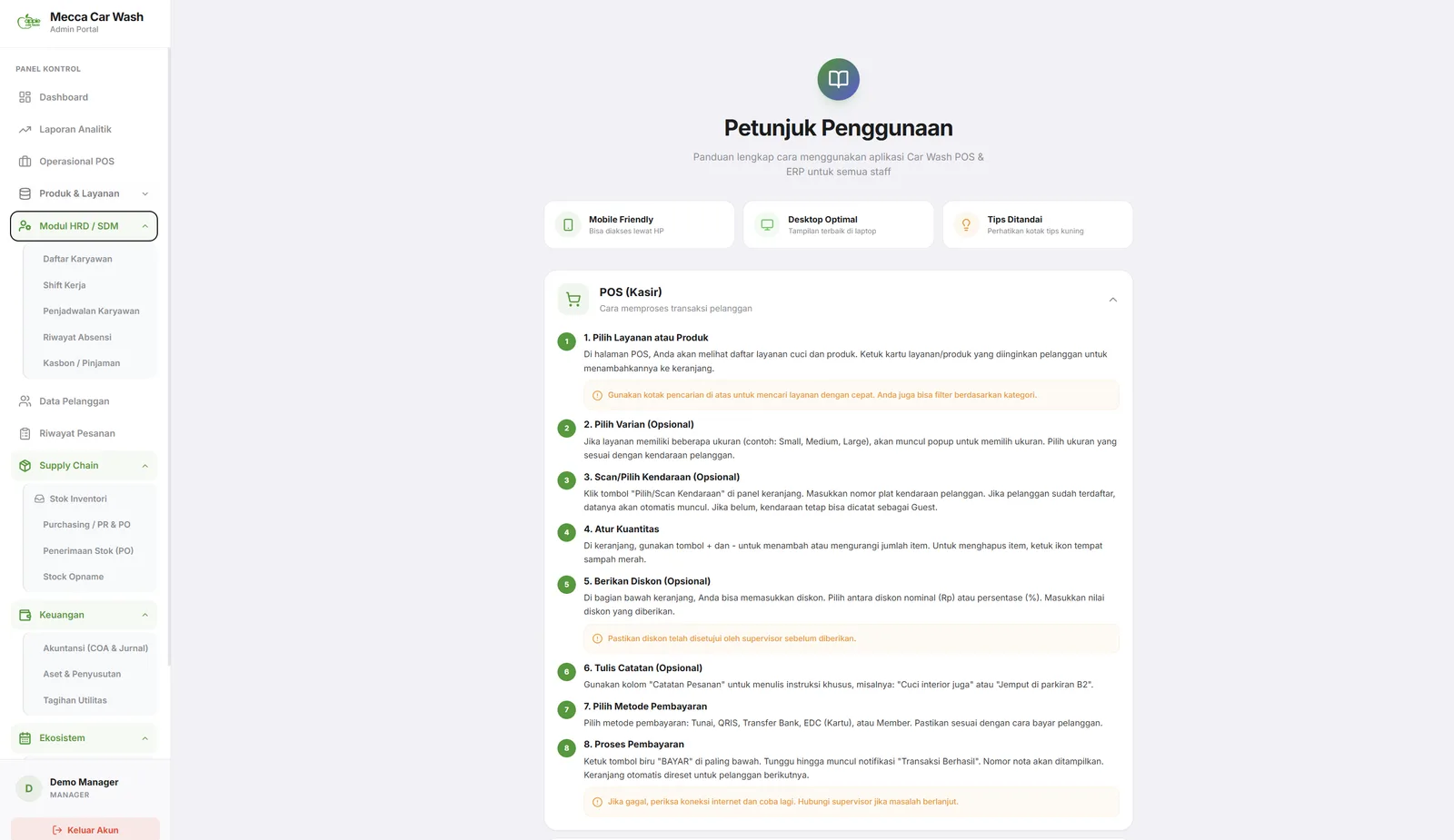 Modul ERP lengkap (HRD, Supply Chain, Keuangan) beserta panduan POS kasir